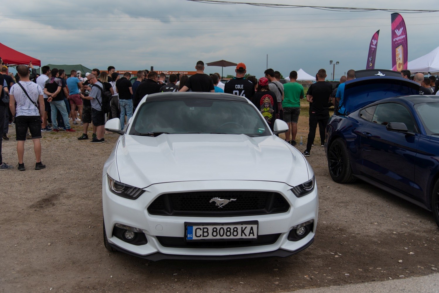 Front view of a white Mustang VI with signature grille and headlights.