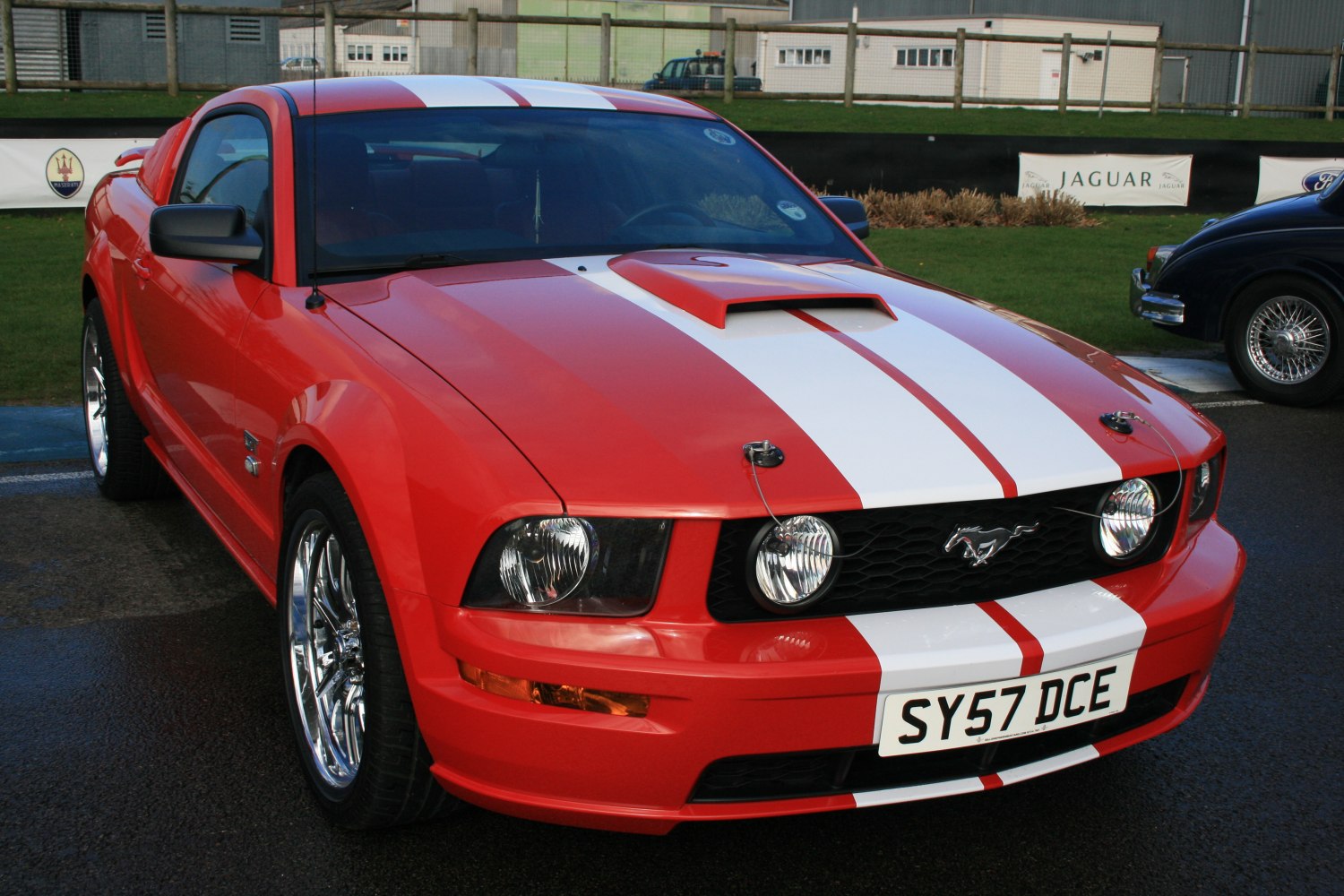 Red vehicle front with white racing stripes and hood scoop