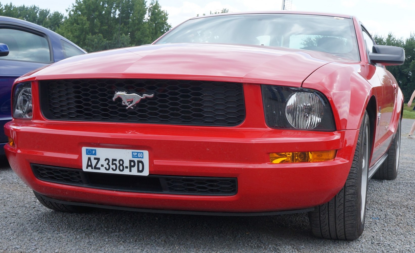 Close-up of car front grille with emblem and headlight.