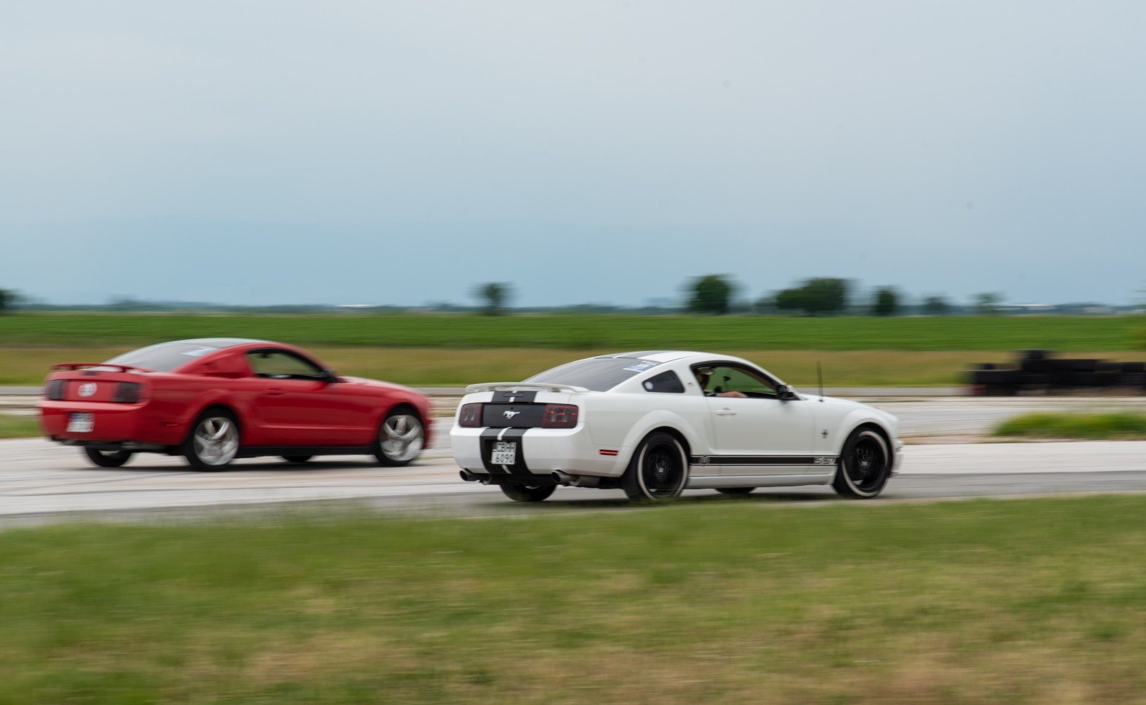 Racing Mustangs in motion, rear and side views