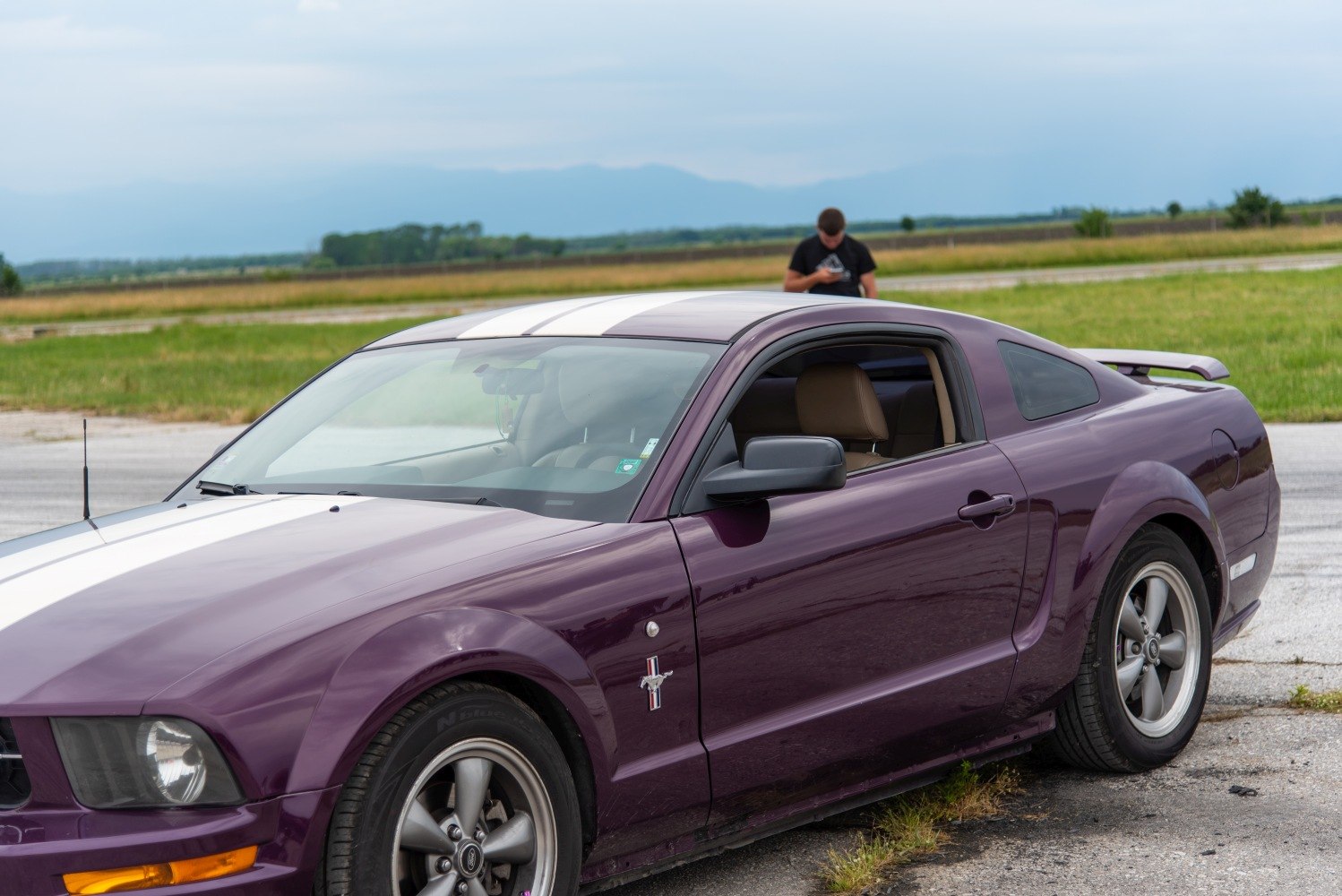 Purple coupe with white racing stripes and rear spoiler side profile