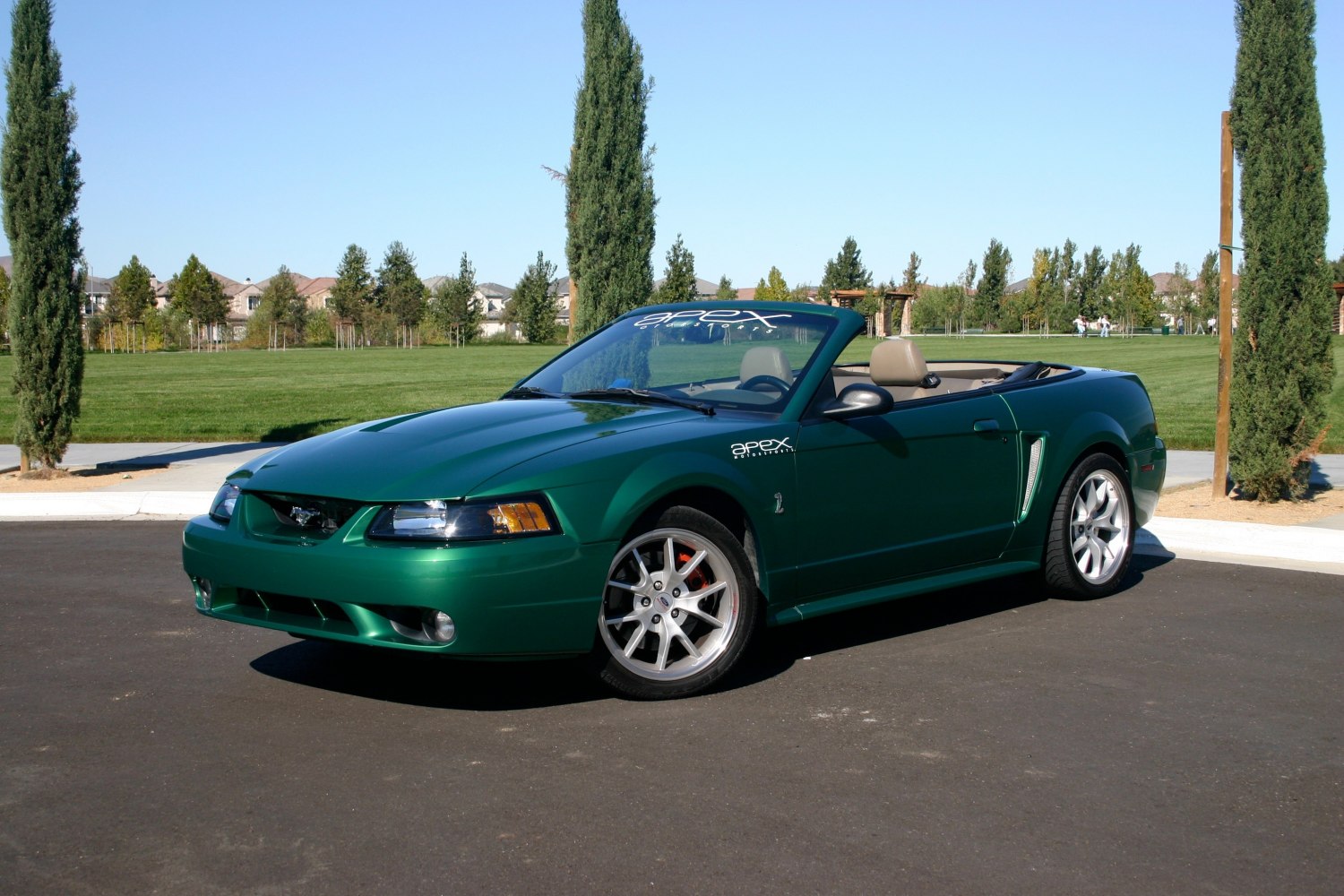 Green convertible muscle car with alloy wheels and cobra badge