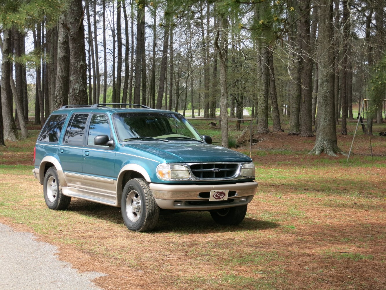 Two-tone SUV with roof rack in woodland setting