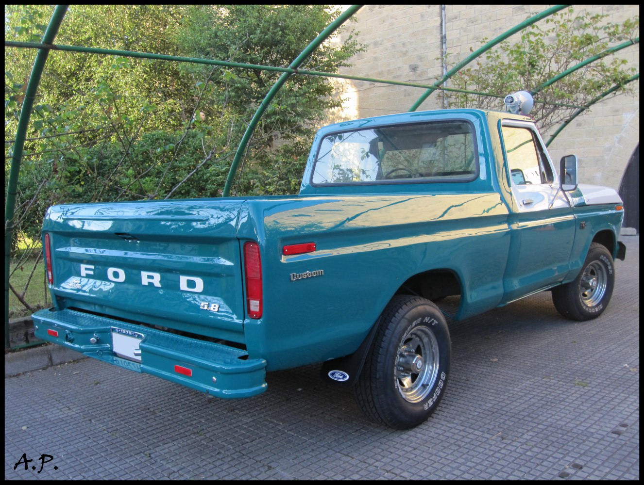 Pickup truck bed and rear view with custom badging and dual rear lights
