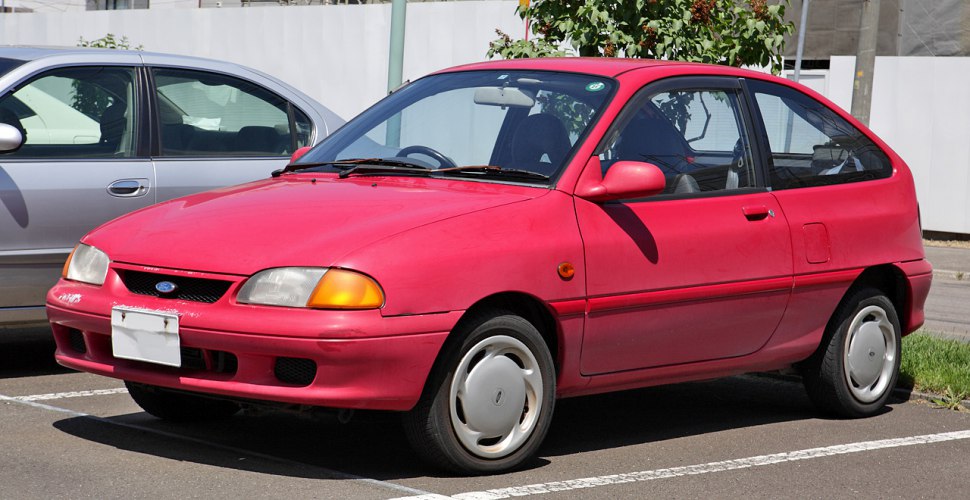 Red compact hatchback with front and side view, small vehicle parked