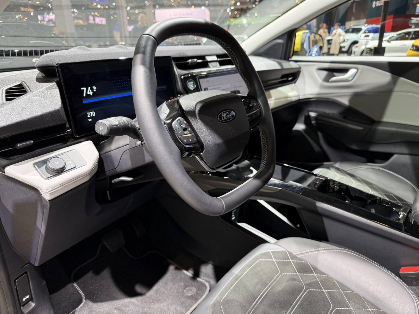 Multifunction steering wheel and digital dashboard in modern car interior