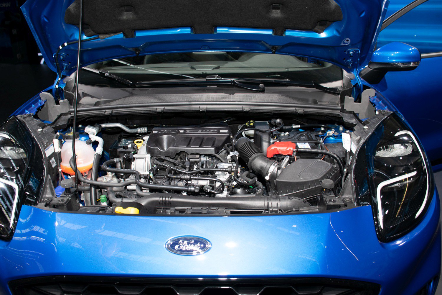 Open hood showing detailed engine bay layout and components.