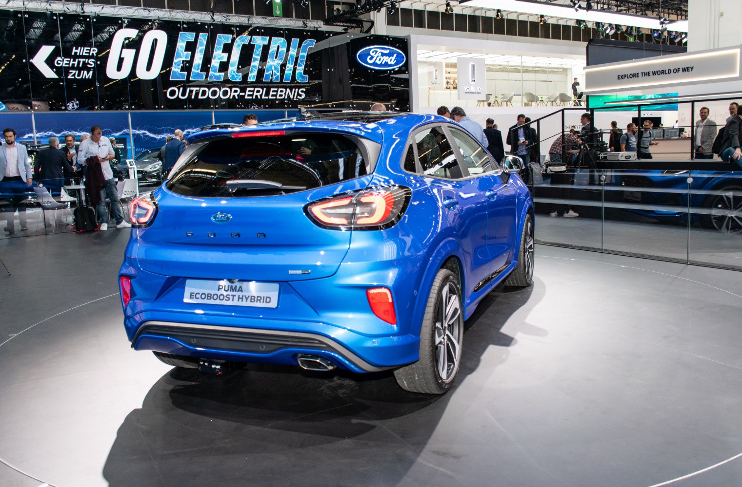 Rear view of Ford Puma with LED tail lights and hybrid badge