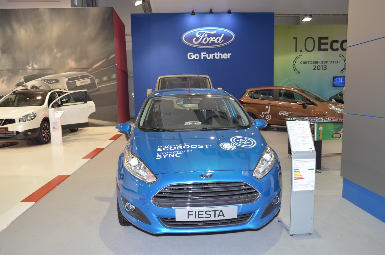 Front grille and headlights view of a hatchback with EcoBoost Sync logo