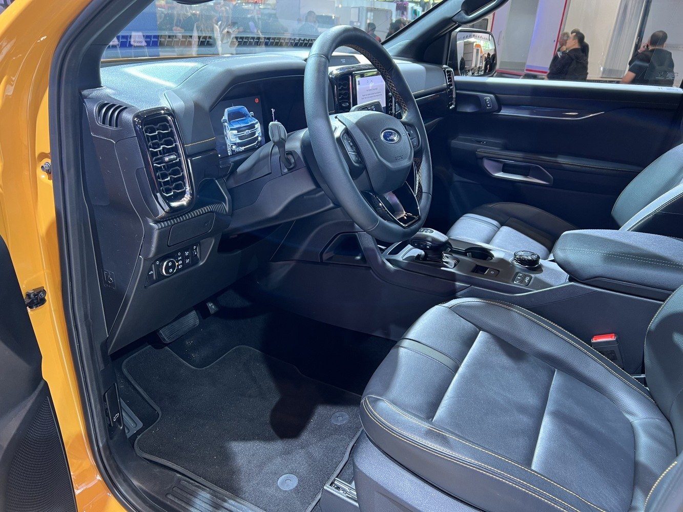 Modern truck interior with digital dashboard and leather seats