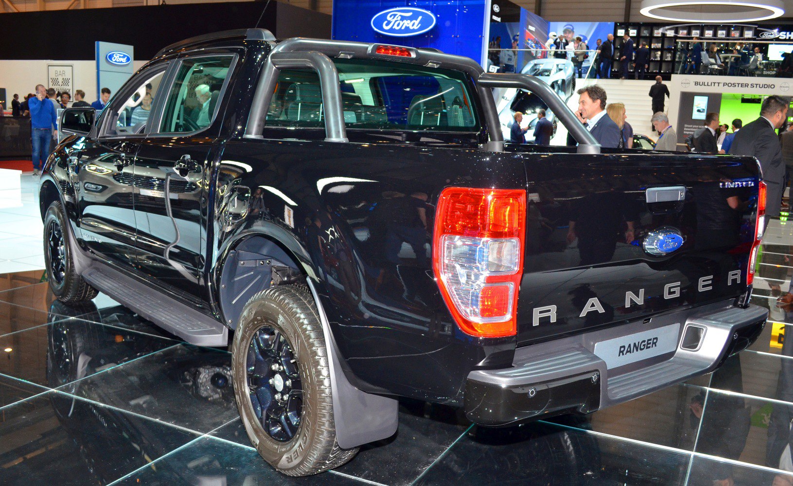 Rear view of a pickup with tailgate, roll bar, and taillights