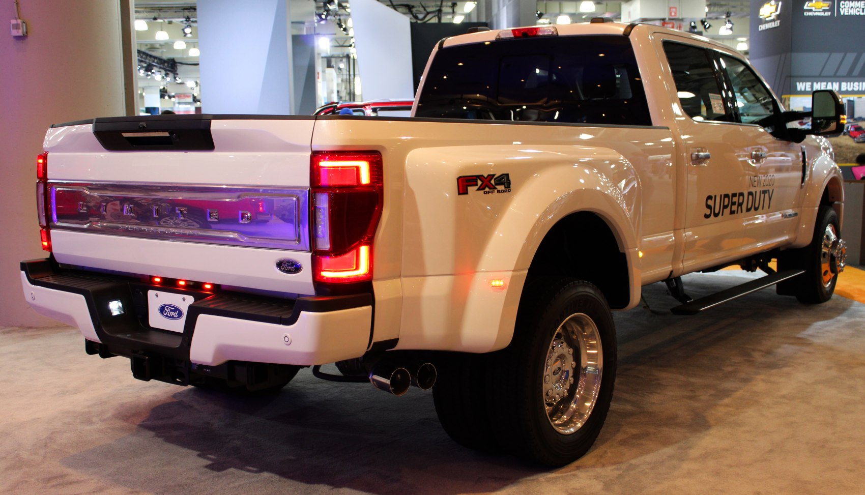 Rear view of dual rear wheel pickup with LED taillights and extended cab