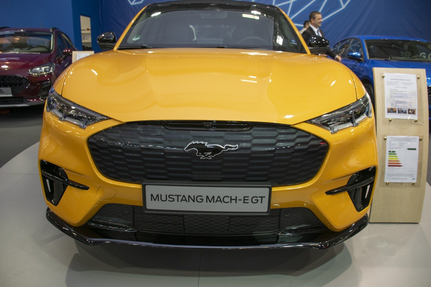 Close-up of black honeycomb grille with Mustang emblem and sleek LED headlights.