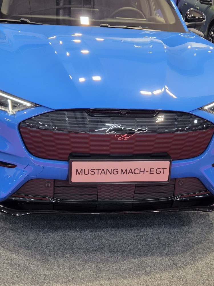 Close-up of front grille featuring Mustang badge and headlight design