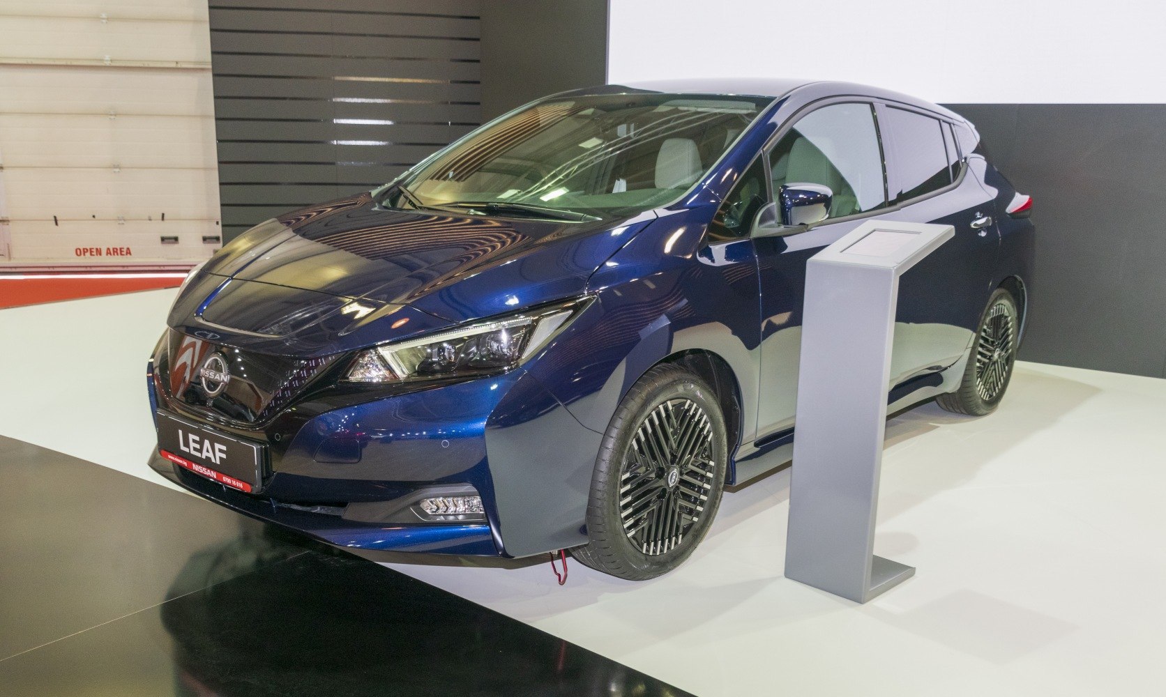 Electric hatchback with sharp front fascia and unique alloy wheels