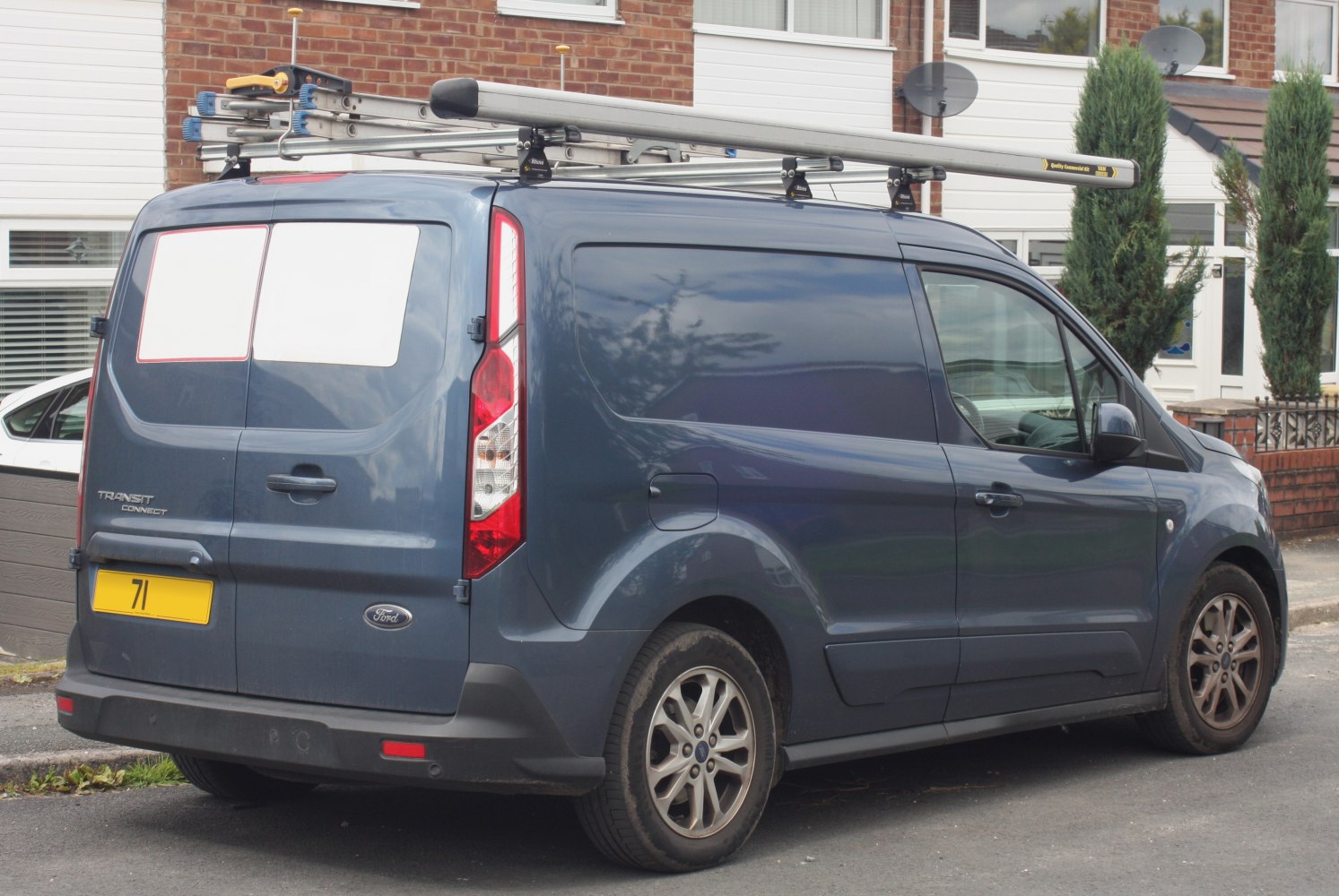 Rear view of panel van with roof rack and ladder