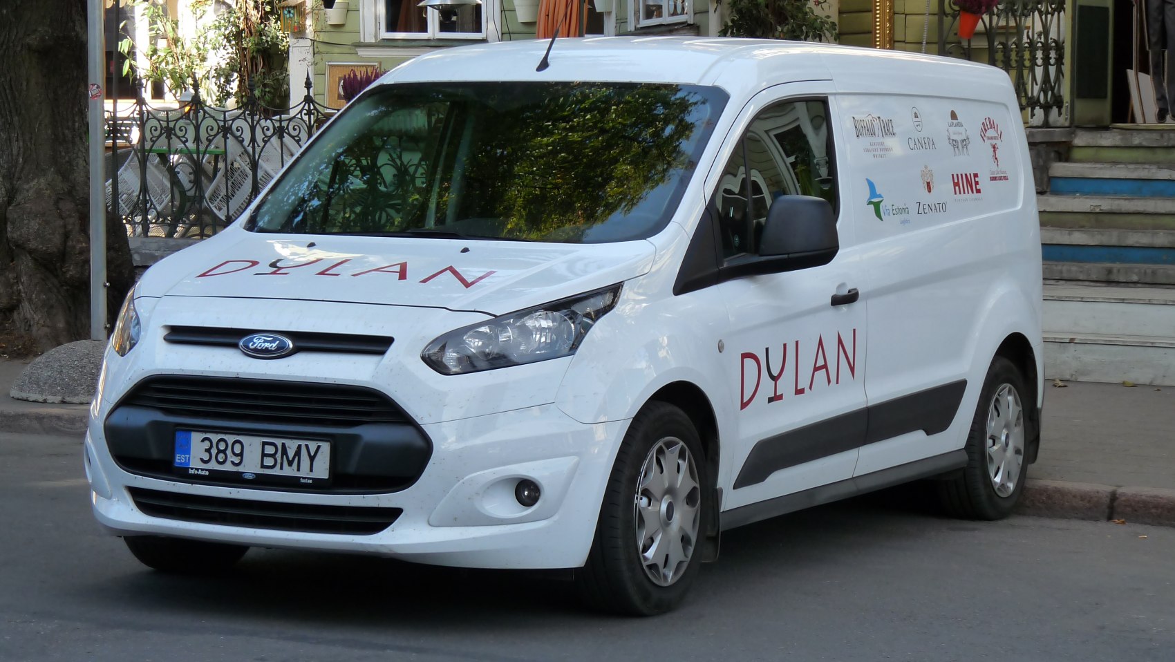 White commercial panel van with side logos and hood decals