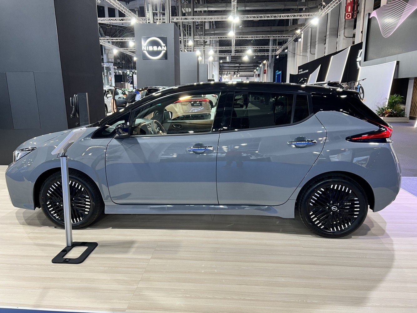 Side profile view with black roof and unique alloy wheels