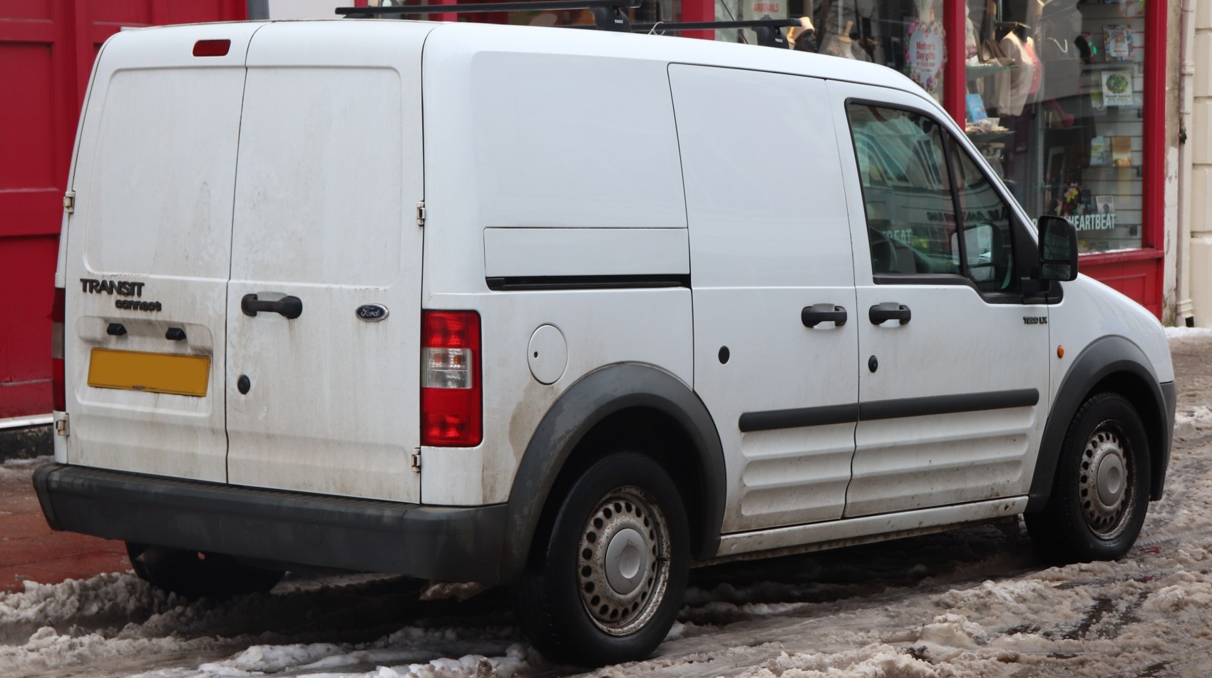 White panel van with rear cargo doors and side sliding door on snow