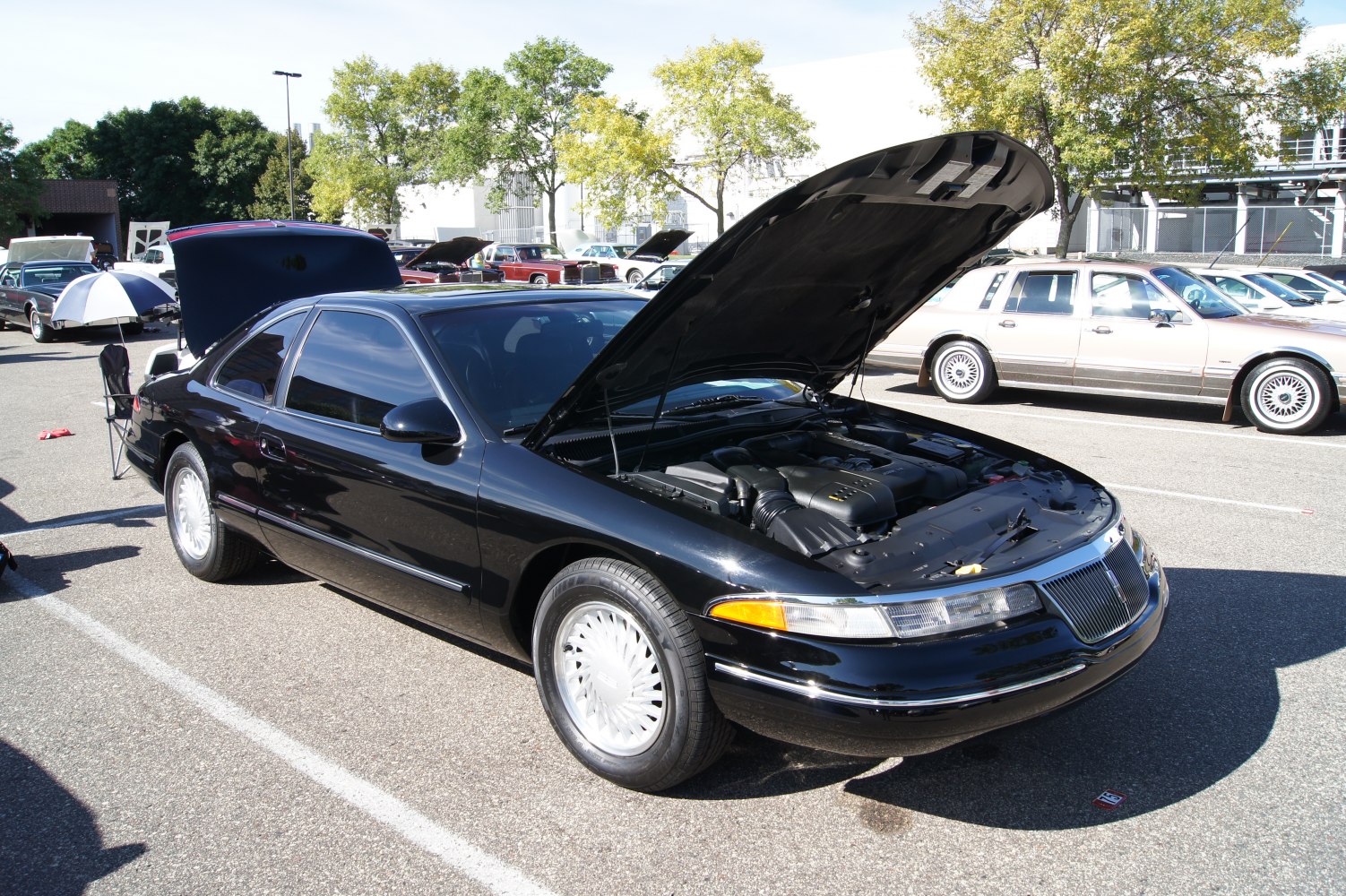 Black luxury coupe with open hood and visible engine bay