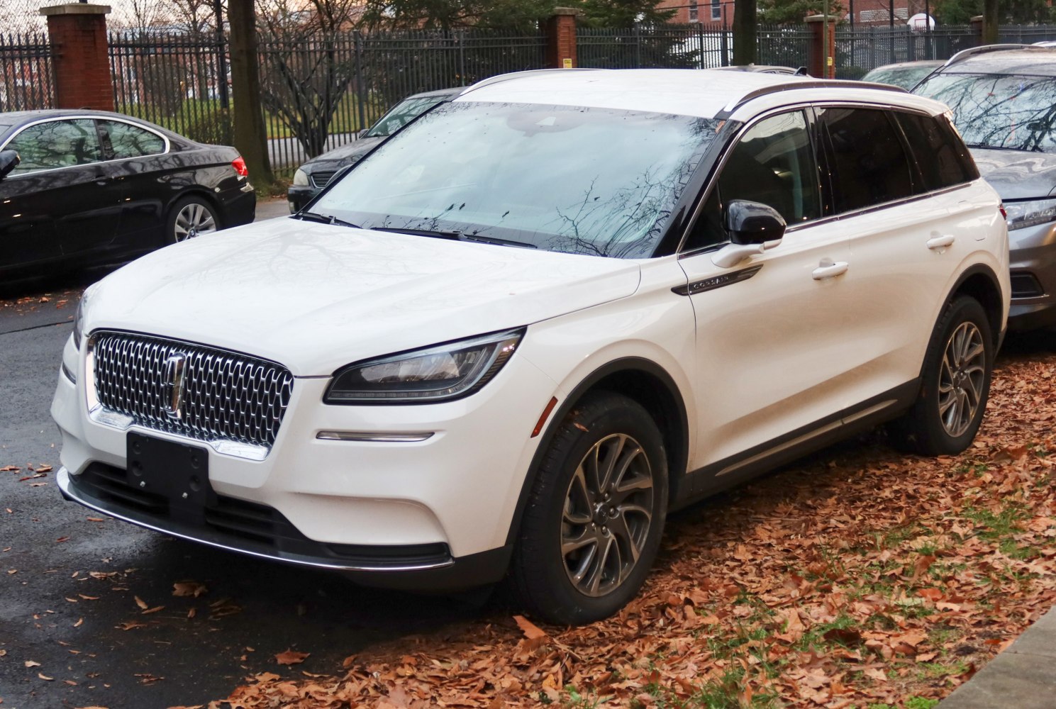 Front side view of a luxury SUV with distinctive grille and sharp headlights