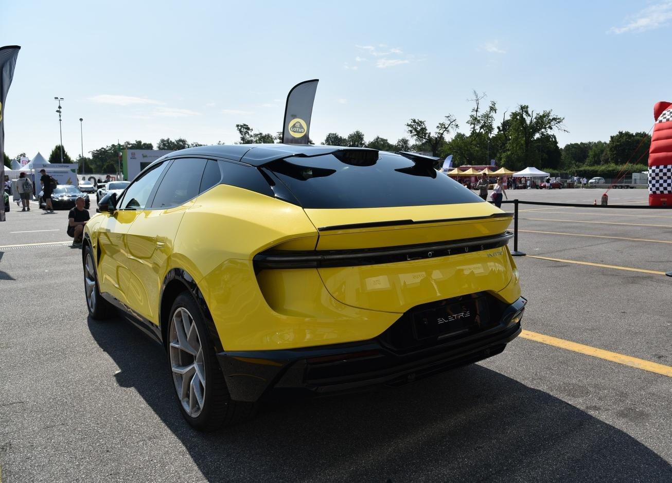 Rear view of sporty electric SUV with sleek taillights and aerodynamic design