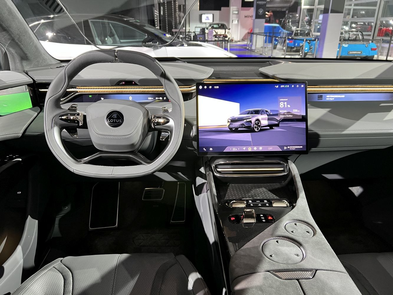 Futuristic digital dashboard and central touchscreen infotainment display