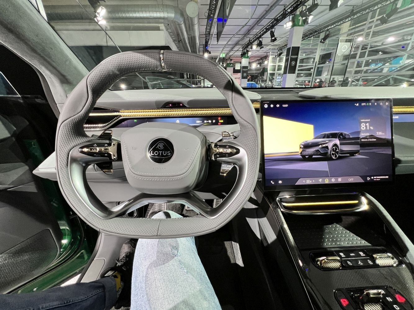 Unique steering wheel and large touchscreen dashboard interior