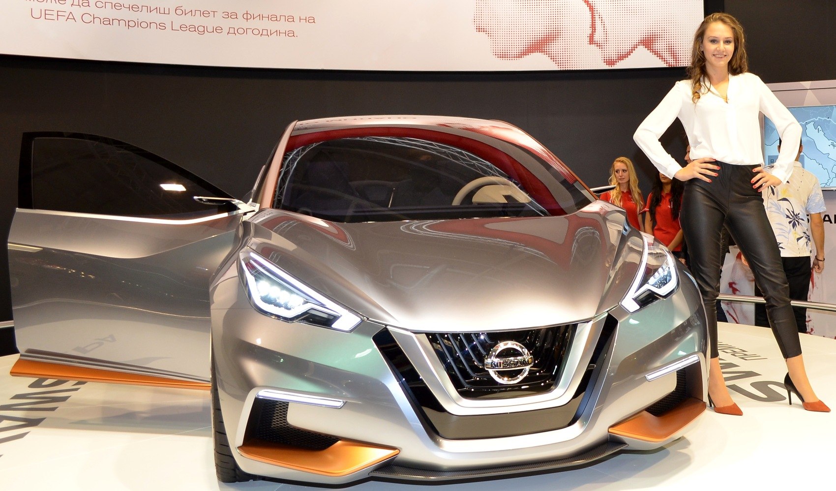 Futuristic front with LED headlights and aggressive grille