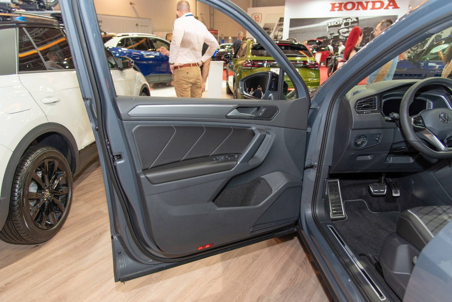 Interior door panel and driver controls with steering wheel and pedals
