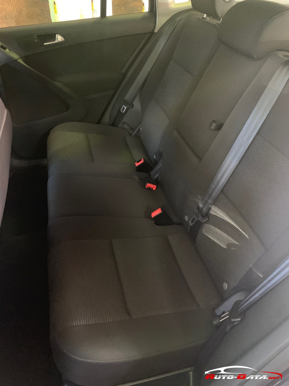 Rear seating area with seat belts and contoured upholstery