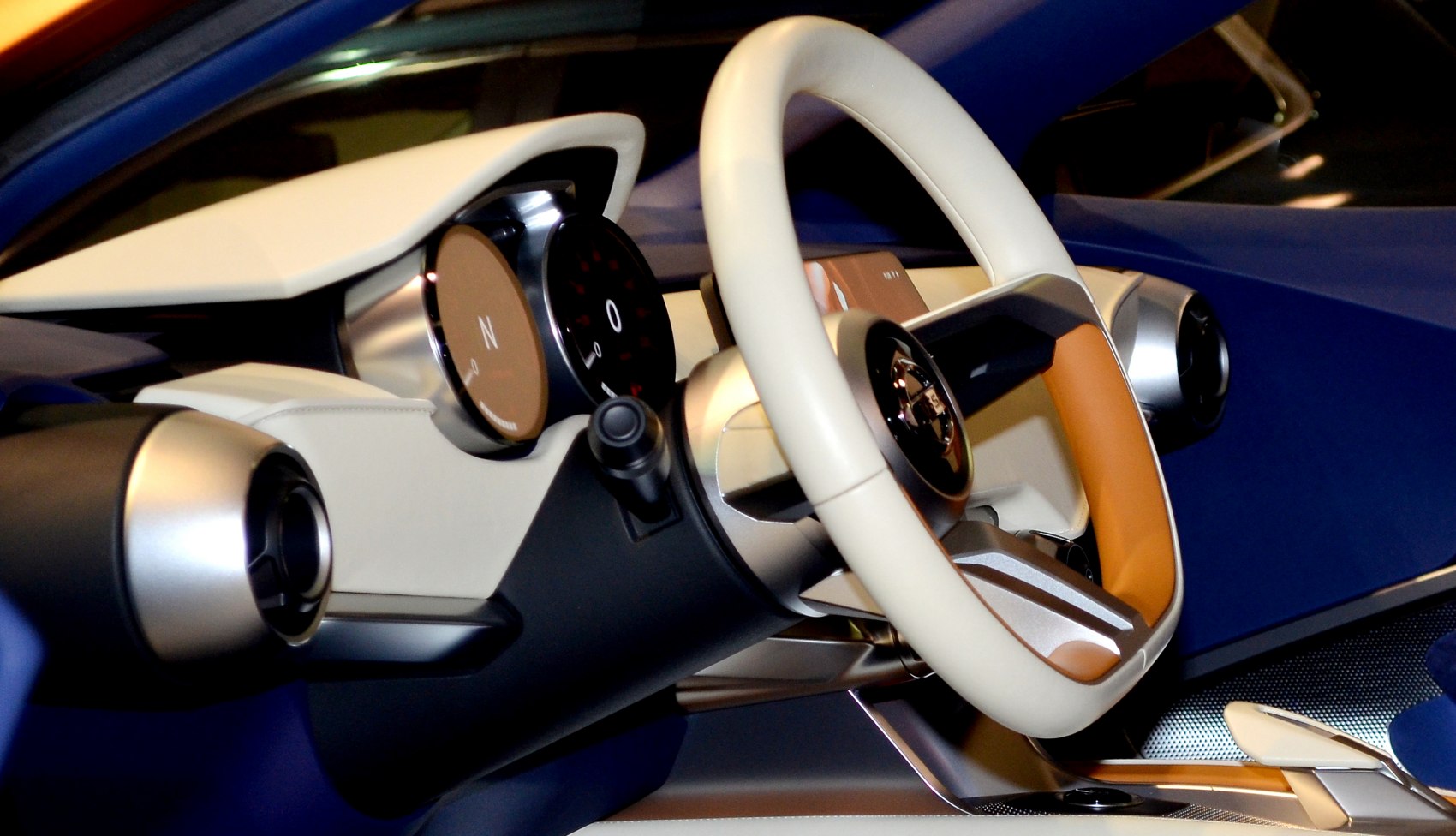 Innovative steering wheel and futuristic dashboard with digital display