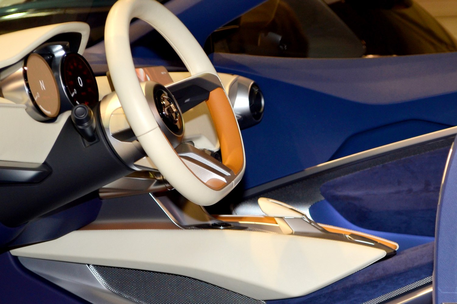 Futuristic steering wheel and digital dashboard with modern interior design