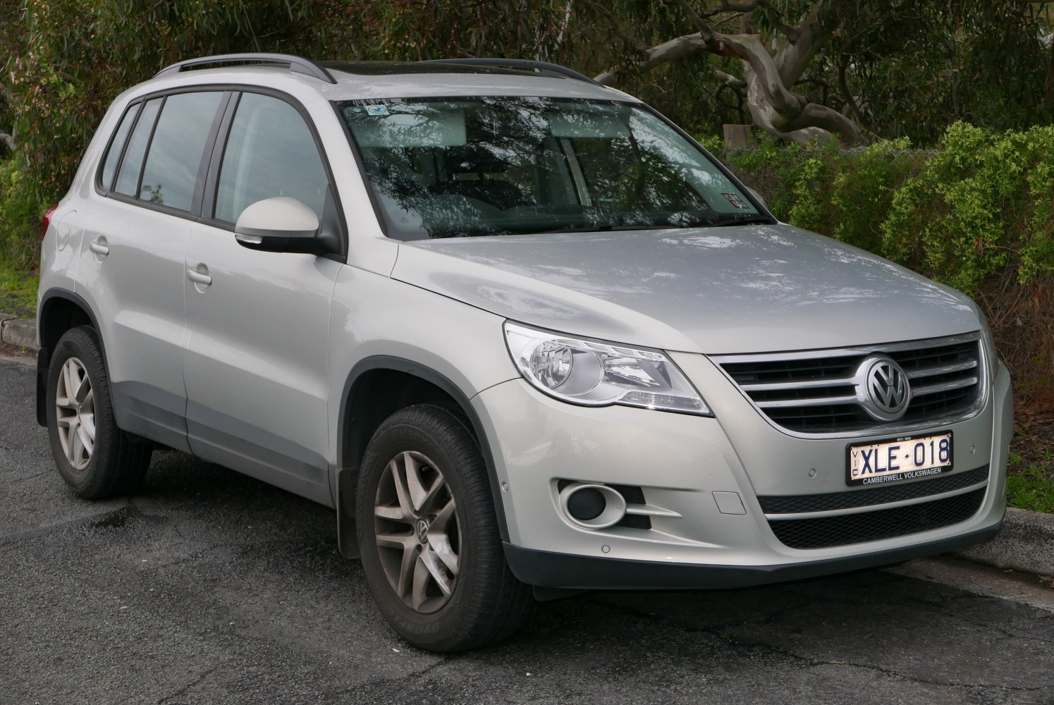 Front side view with headlights, grille, alloy wheels, and roof rails
