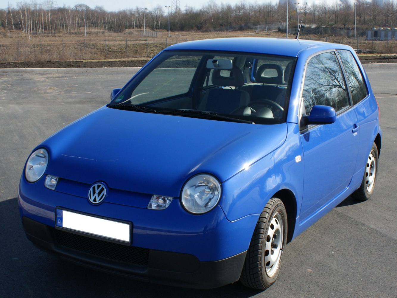 Compact hatchback front view with round headlights and blue body