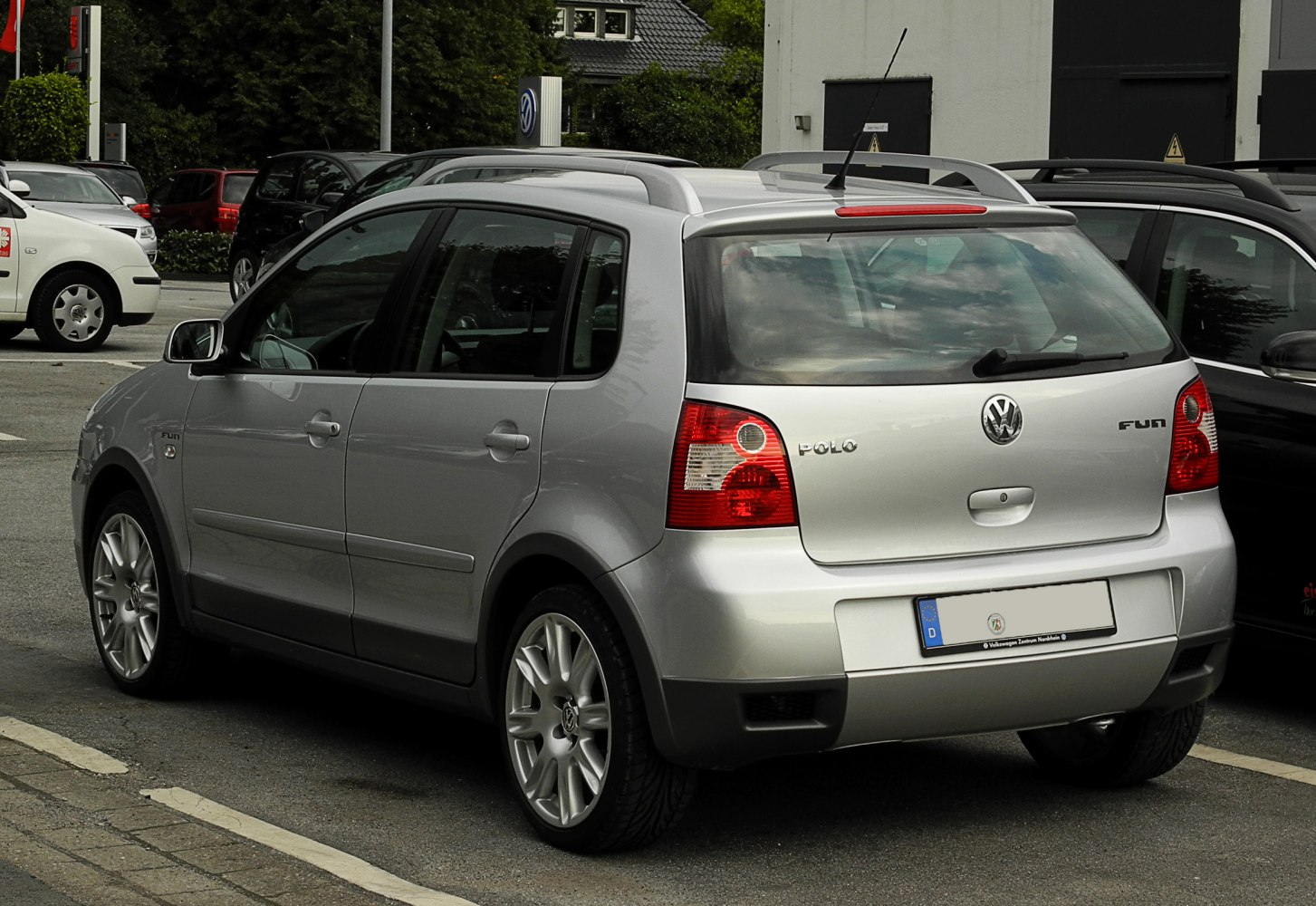 Silver hatchback rear with distinctive taillights and roof rails