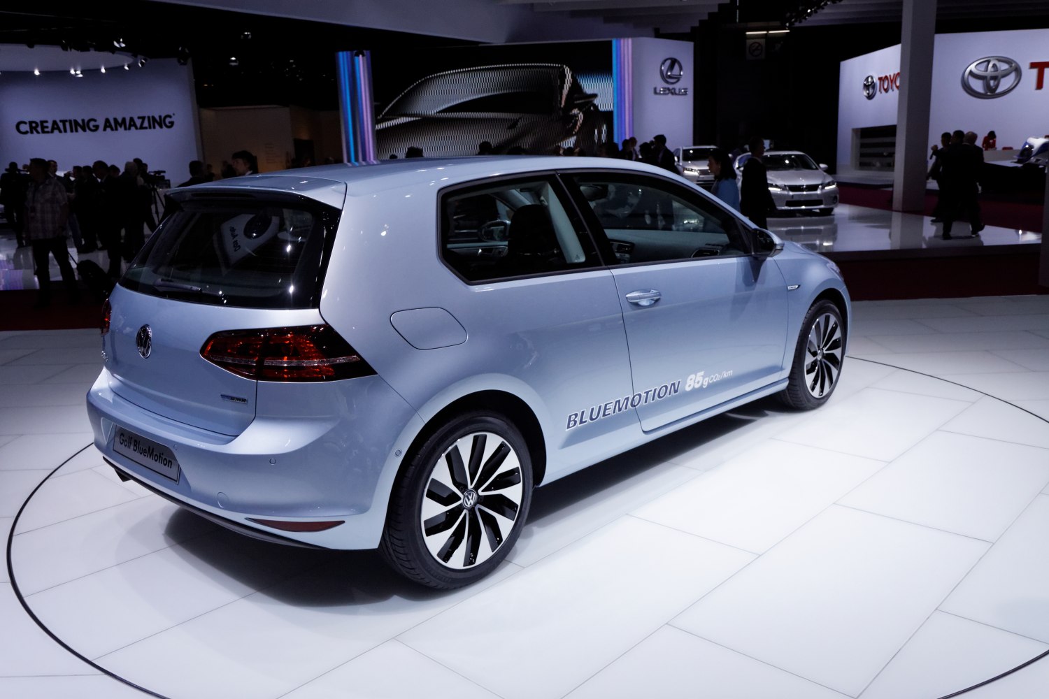 Rear-side view of a 3-door hatchback with BlueMotion branding