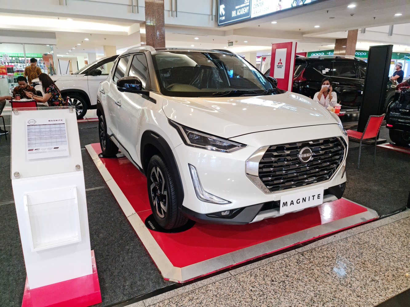 Hexagonal grille and LED headlights of a white SUV on indoor display