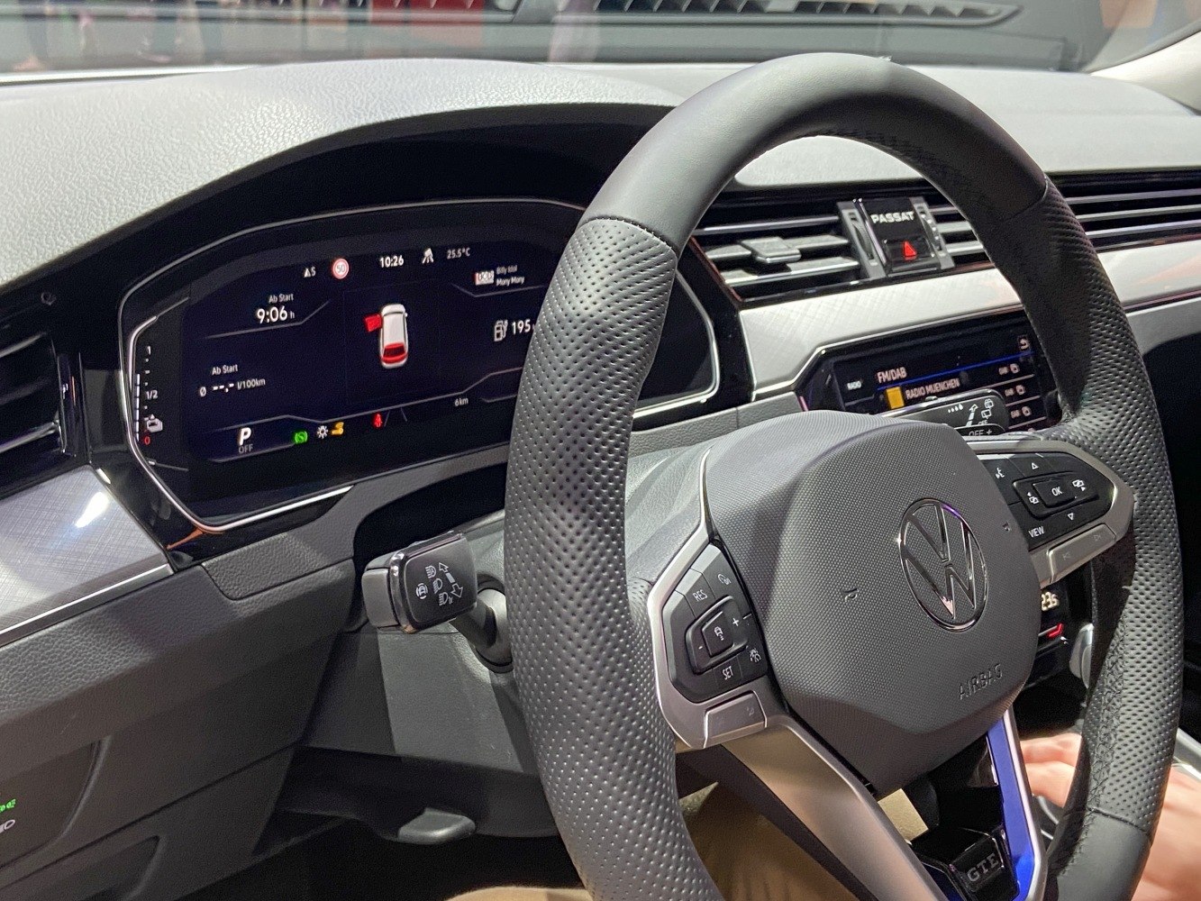 Digital instrument cluster and multifunction steering wheel with VW logo