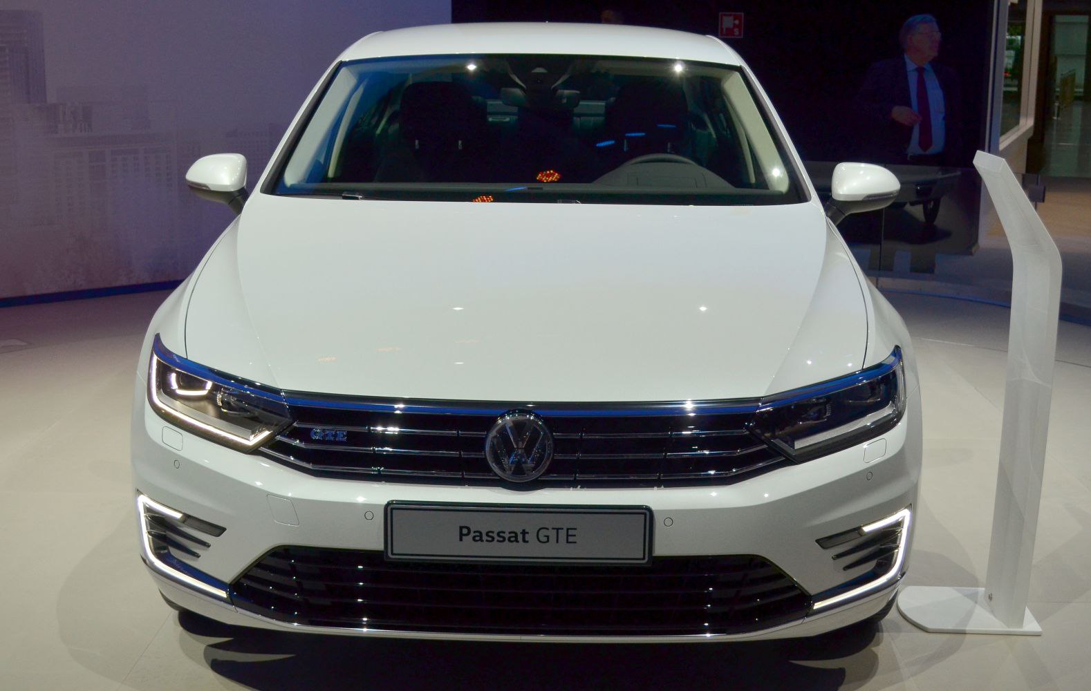 Front view of car with LED headlights and prominent grille