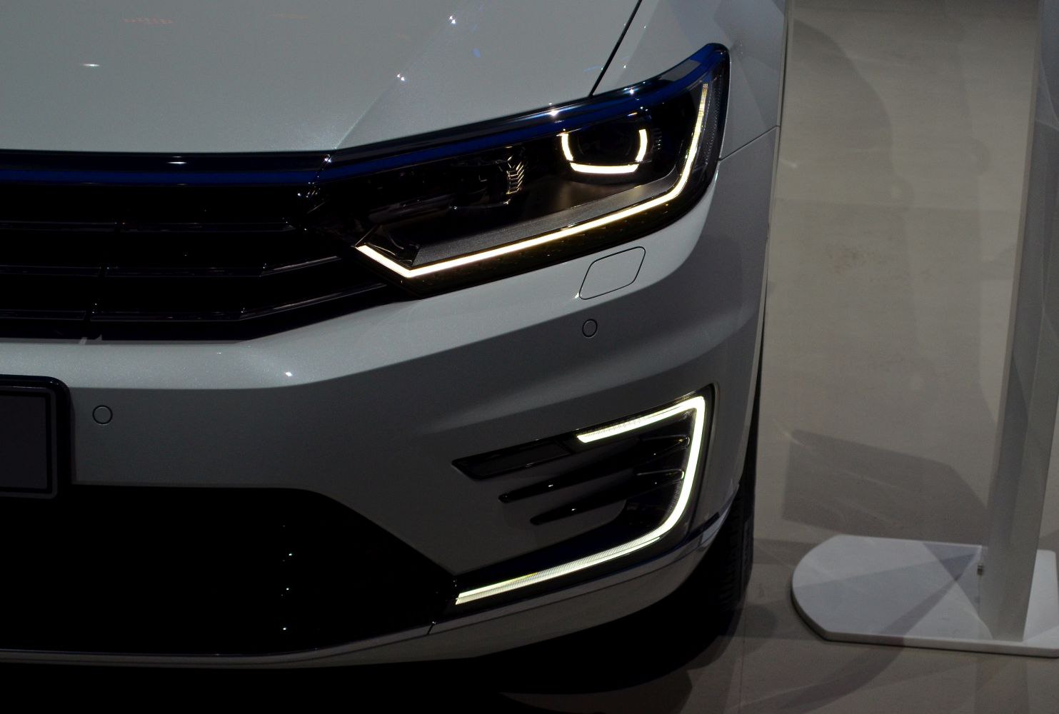 Close-up of front LED headlight and daytime running light