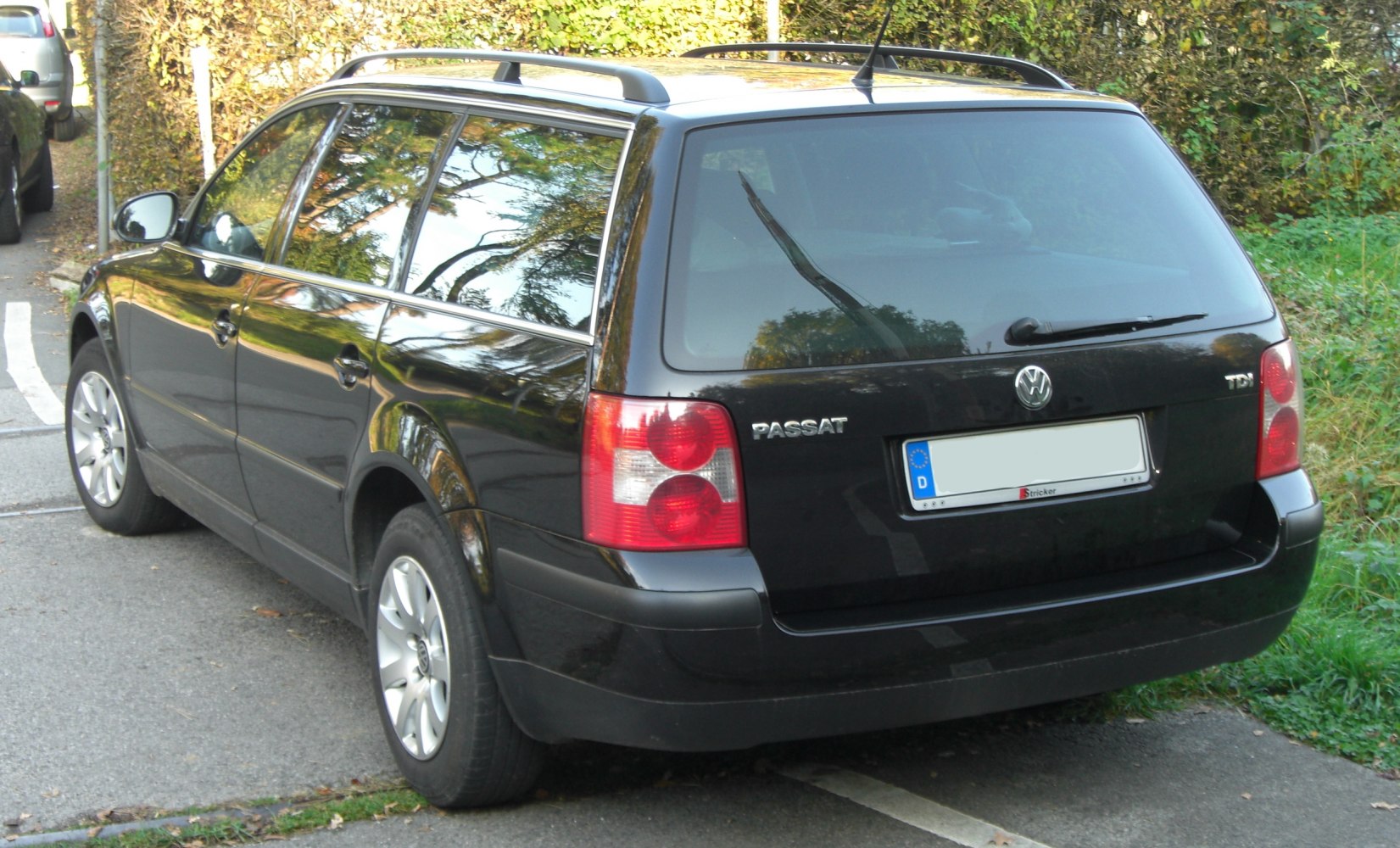 Rear view and tail lights of a station wagon with roof rails