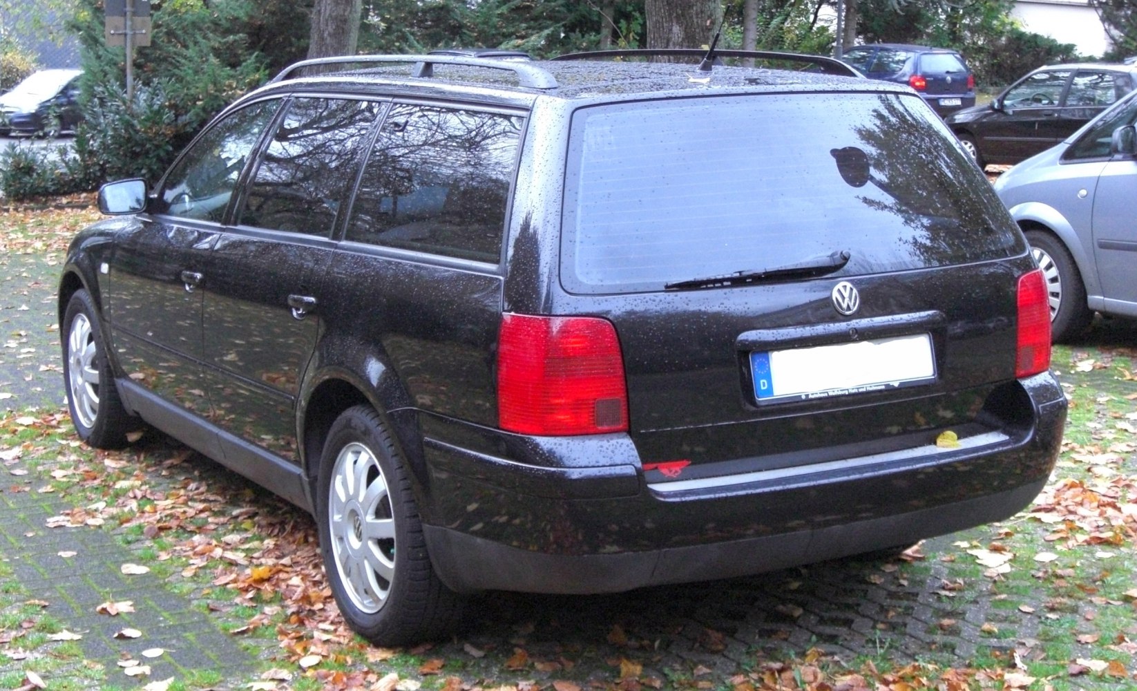 Rear and side view of a mature station wagon with roof rails and large red tail lights.