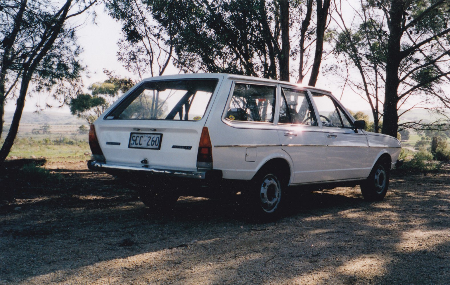 Rear and side view of vintage station wagon with classic angular design