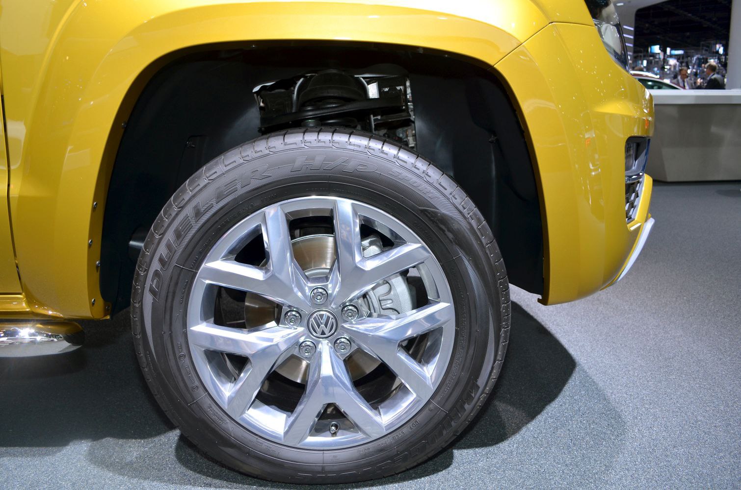 Close-up of alloy wheel and tire on pickup truck