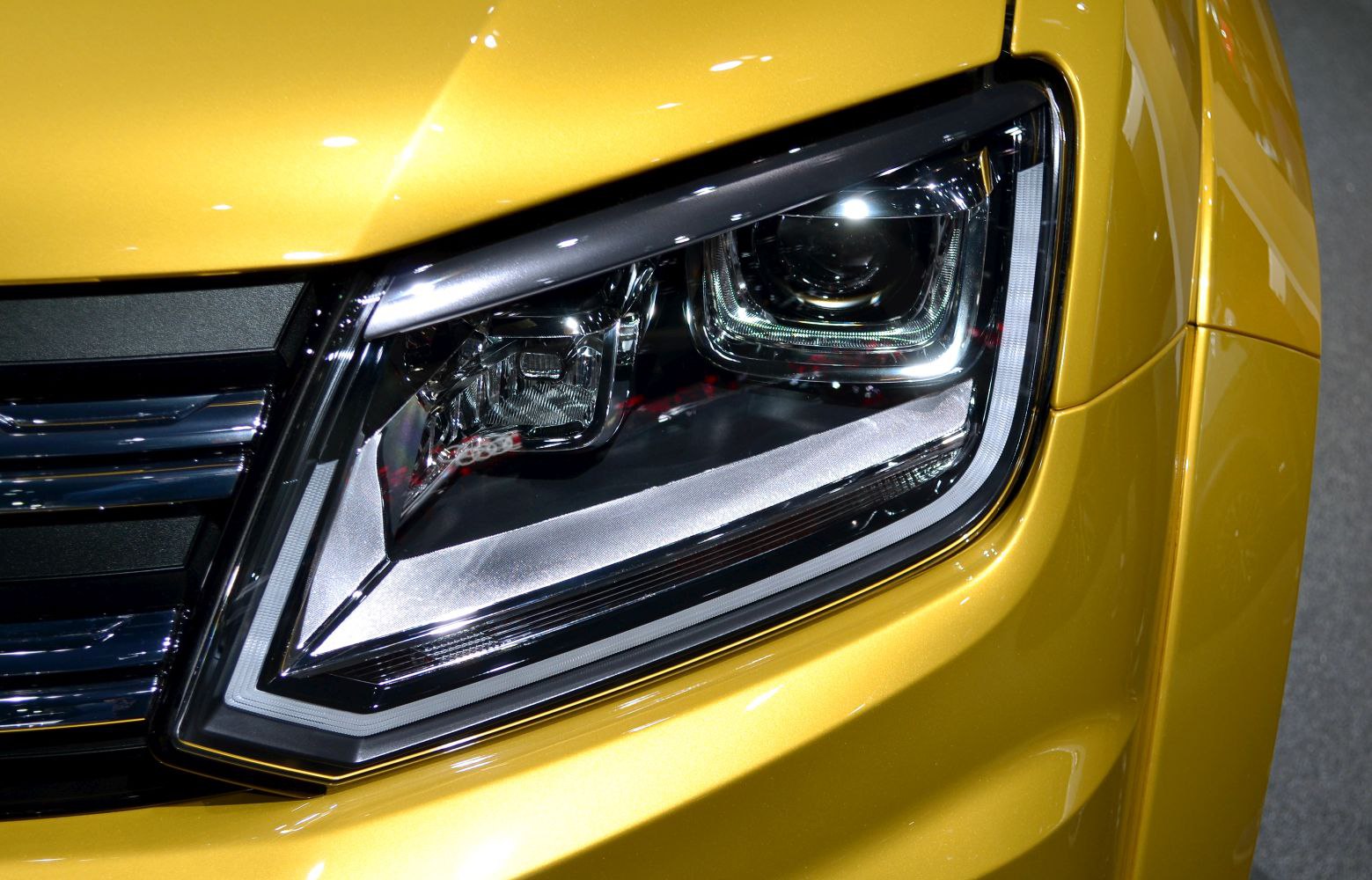 Close-up of front headlight with LED lighting design