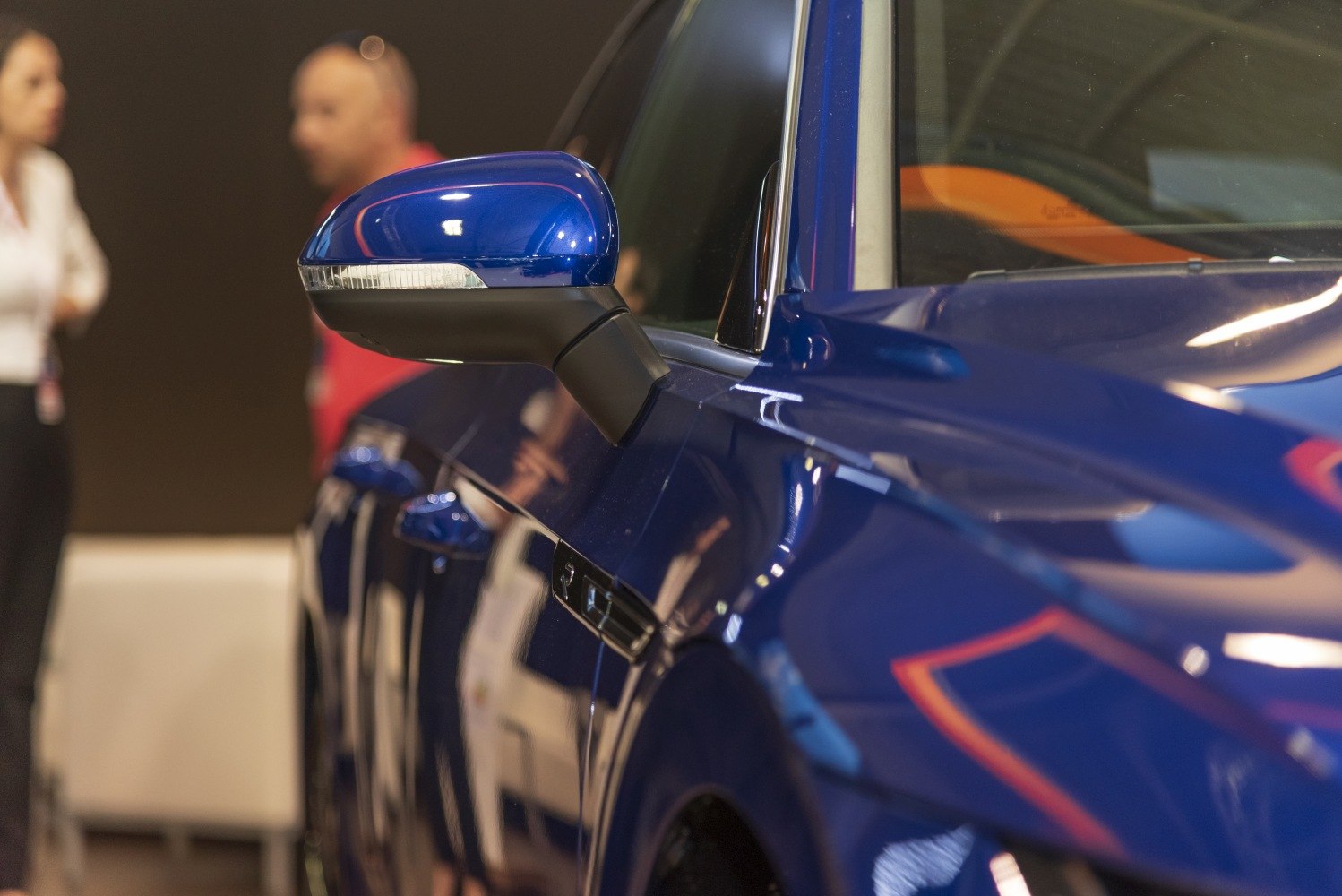 Close-up of blue side mirror and car door section.