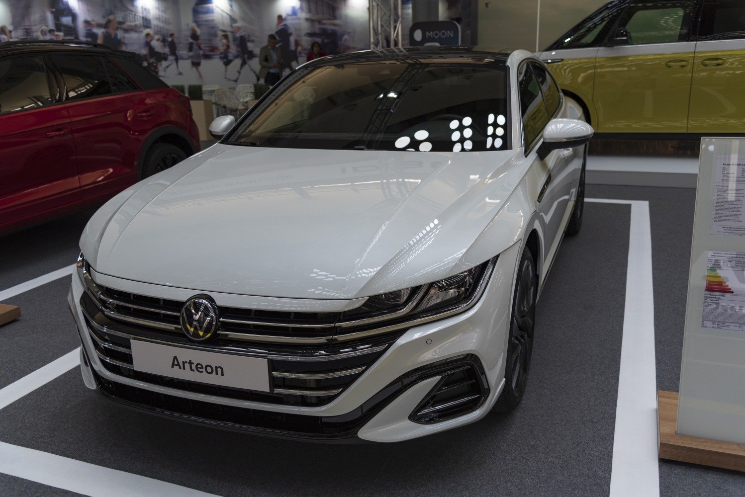 Front grille and LED headlights of a modern sleek sedan