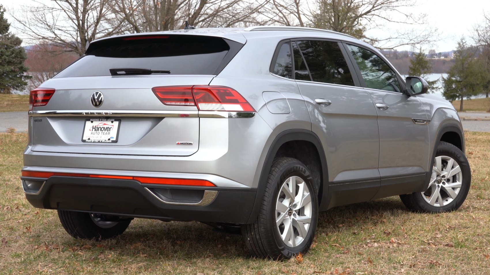 Rear and side view of silver SUV with distinct taillights and alloy wheels
