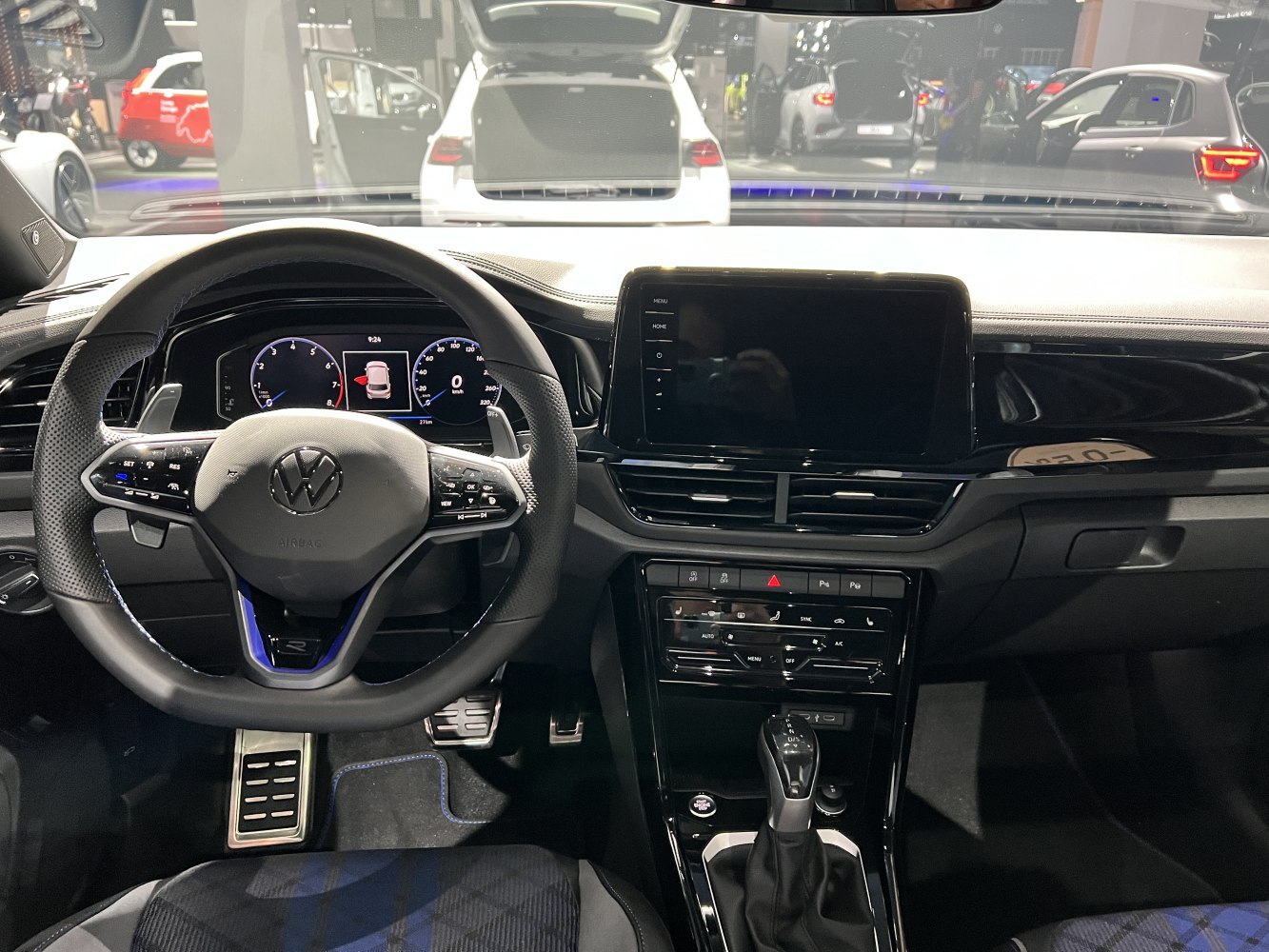 Digital instrument cluster and multifunction steering wheel in modern car interior
